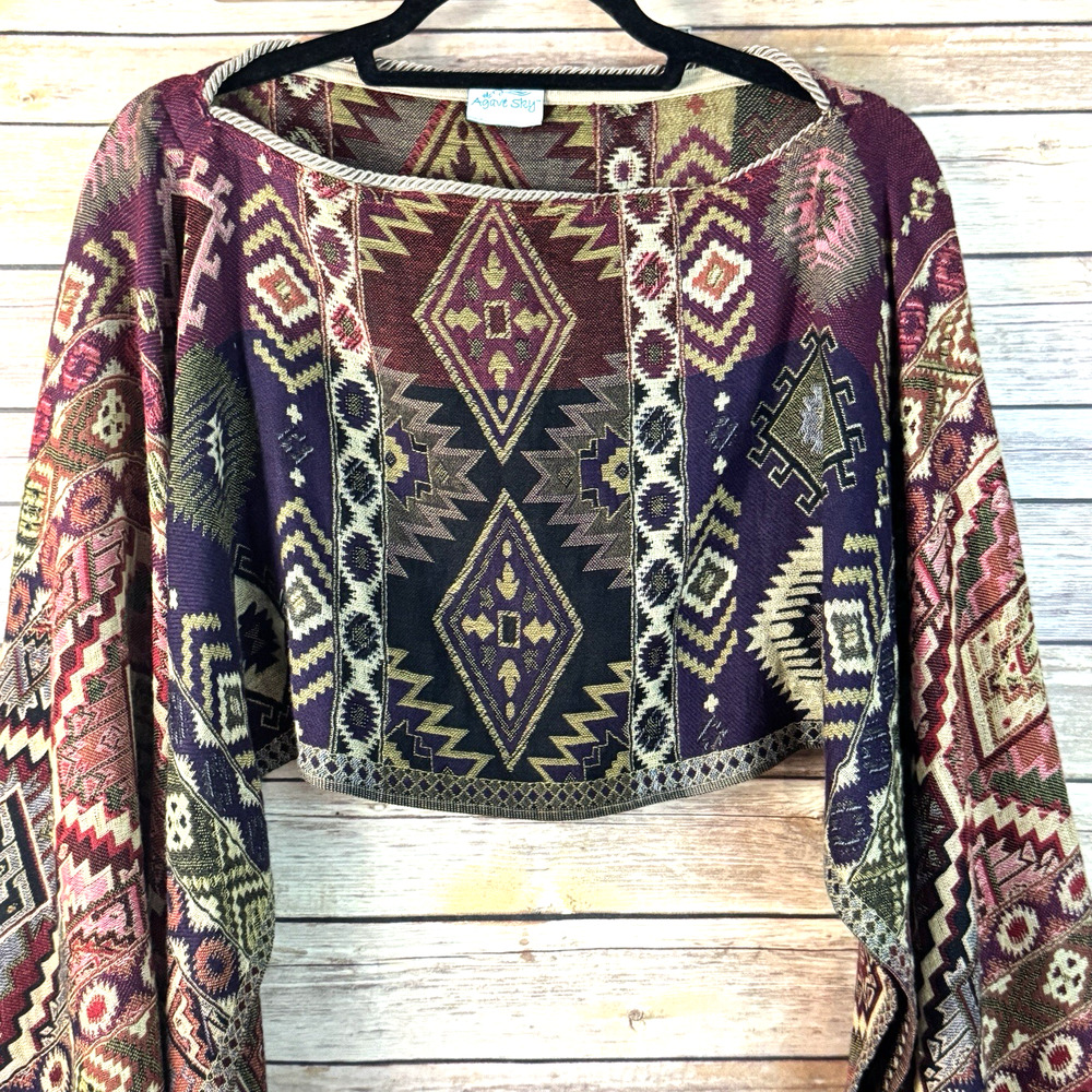 Agave Sky Womens Southwestern Tapestry Cropped Fringed Poncho One Size